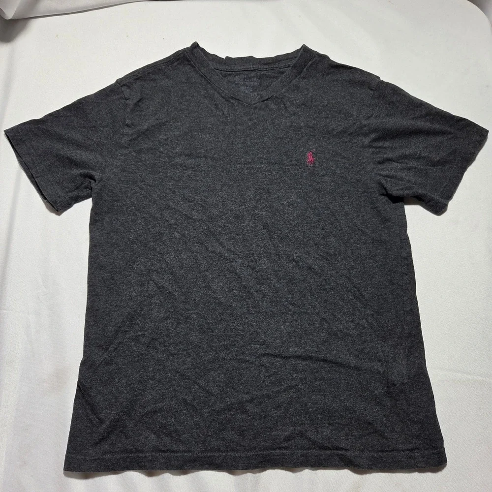Polo Ralph Lauren Mens Gray V-Neck T-Shirt Pink Pony Logo Small Short Sleeve